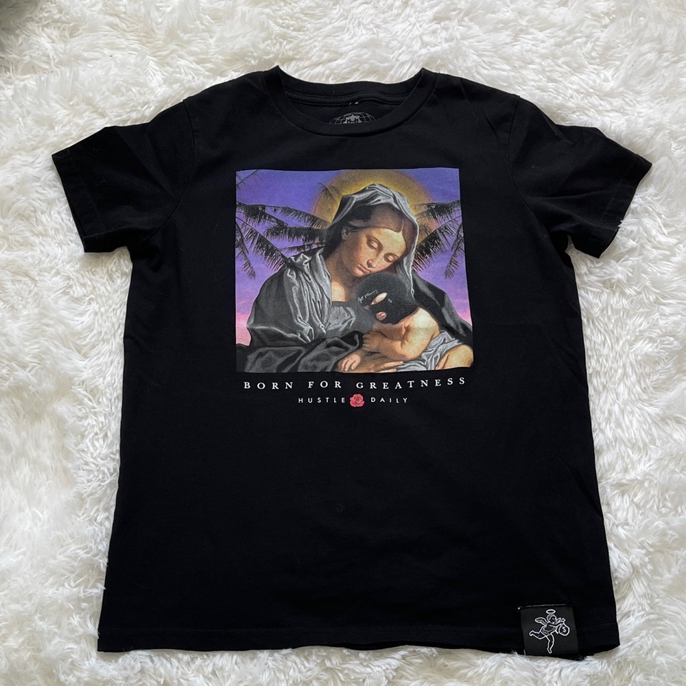 Black Graphic T-Shirt with Religious Print